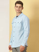 Blue Spread Collar Classic Cotton Linen Shacket For Men
