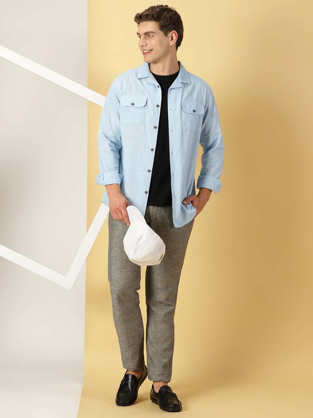 Thomas Scott Men Spread Collar Classic Cotton Linen Shacket