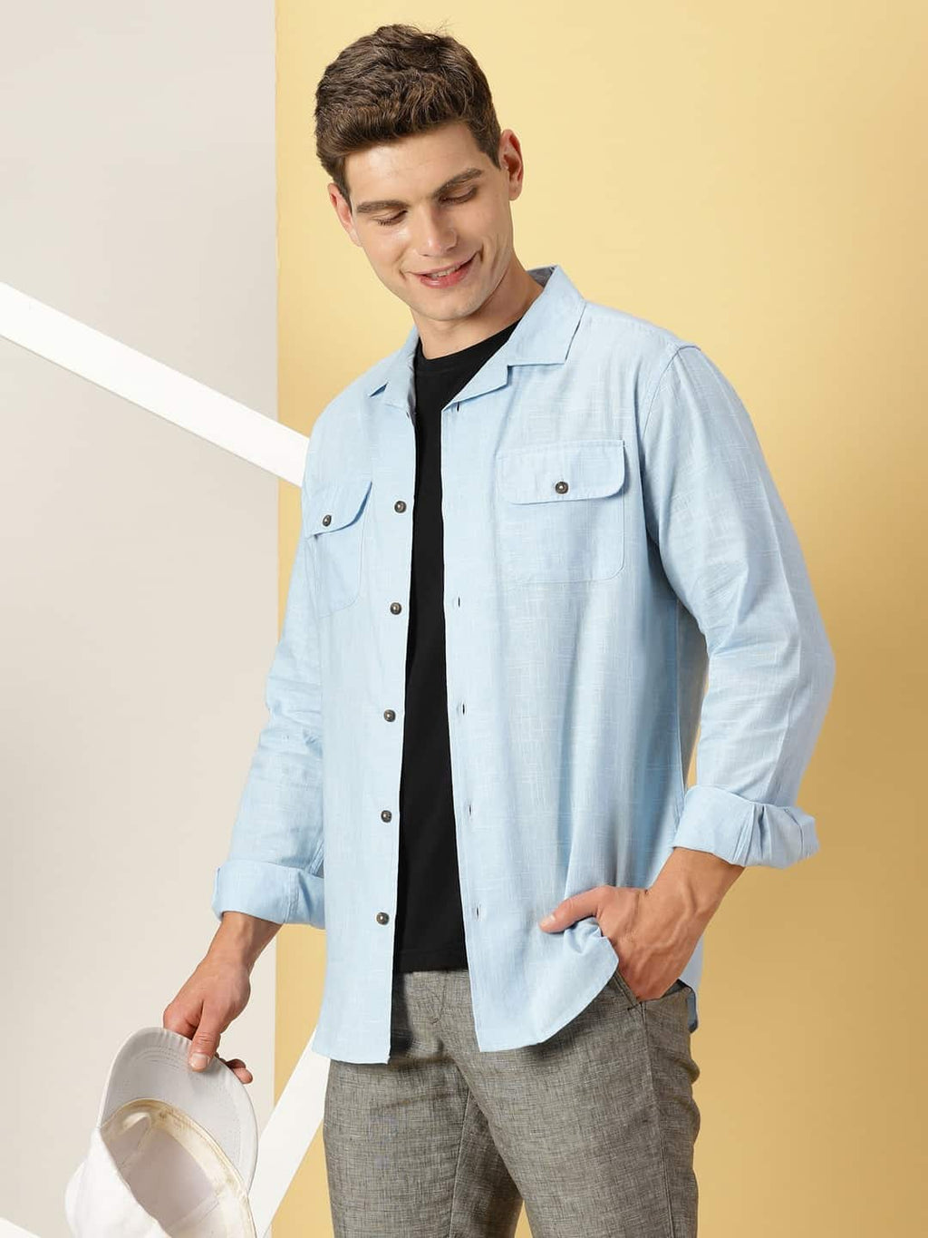 Thomas Scott Men Spread Collar Classic Cotton Linen Shacket