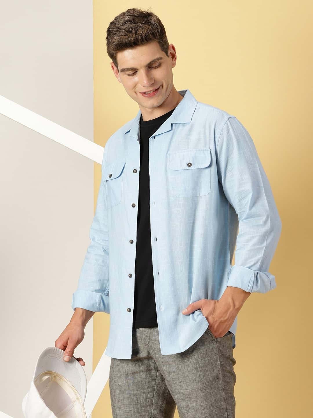 Thomas Scott Men Spread Collar Classic Cotton Linen Shacket