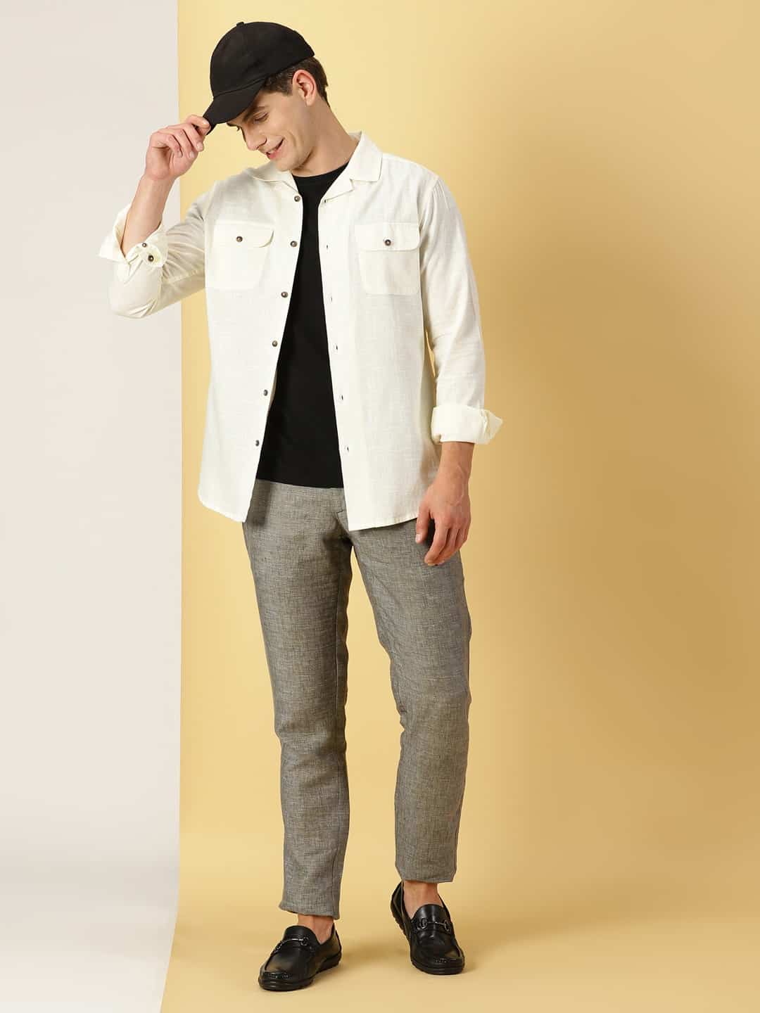 Thomas Scott Men Spread Collar Classic Cotton Linen Shacket