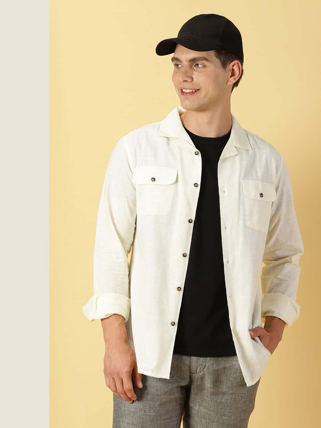 Thomas Scott Men Spread Collar Classic Cotton Linen Shacket