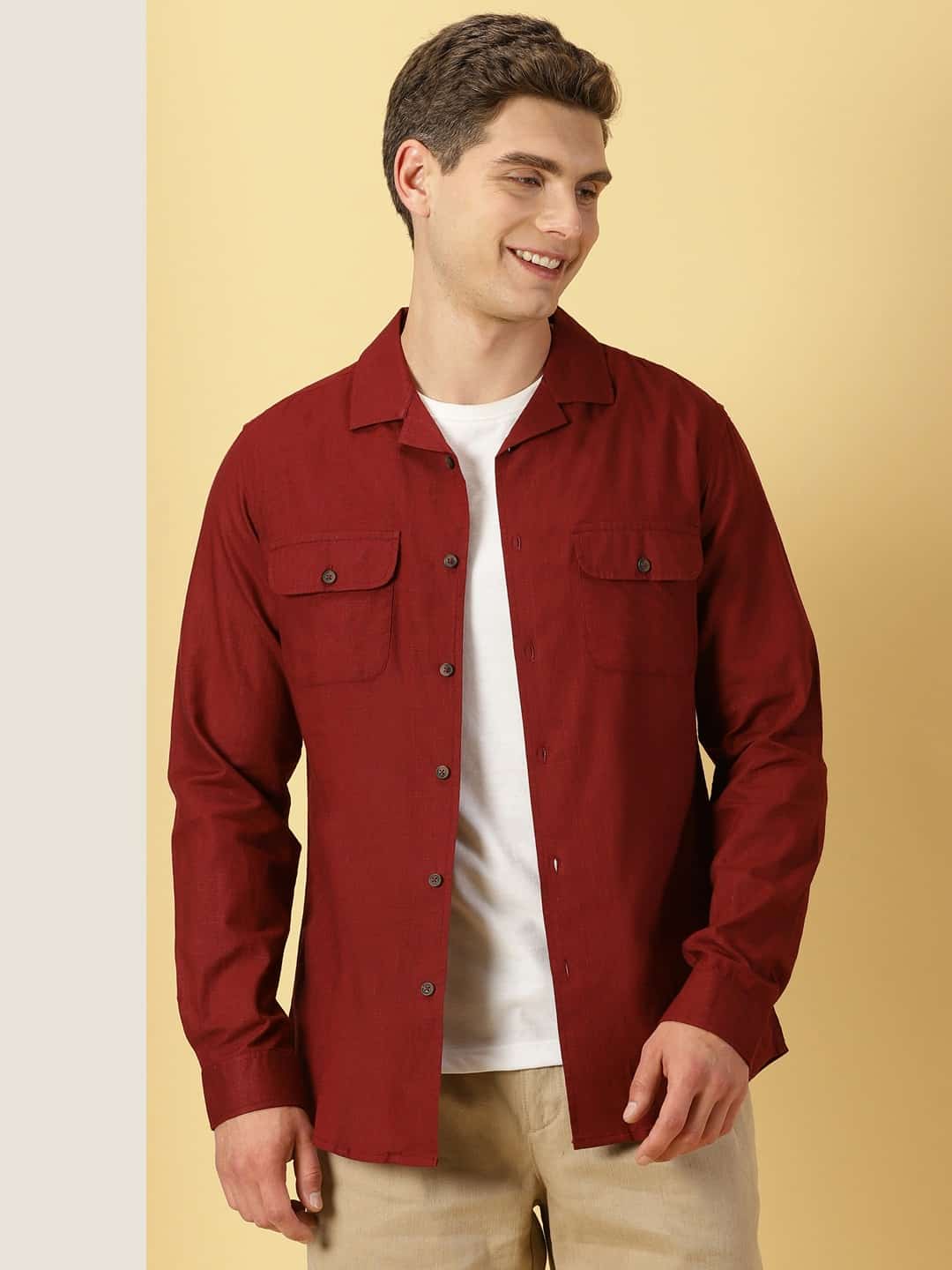 Thomas Scott Men Classic Cuban Collar Cotton Linen Casual Shacket