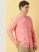 Peach Classic Regular Fit Cuban Collar Long Sleeve Cotton & Linen Shacket For Men