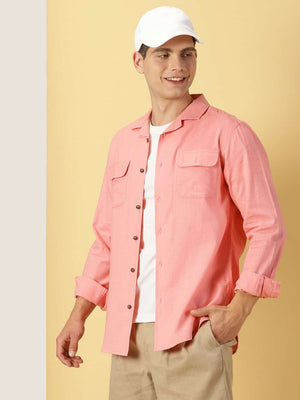 Thomas Scott Men Classic Regular Fit Cuban Collar Long Sleeve Cotton & Linen Shacket