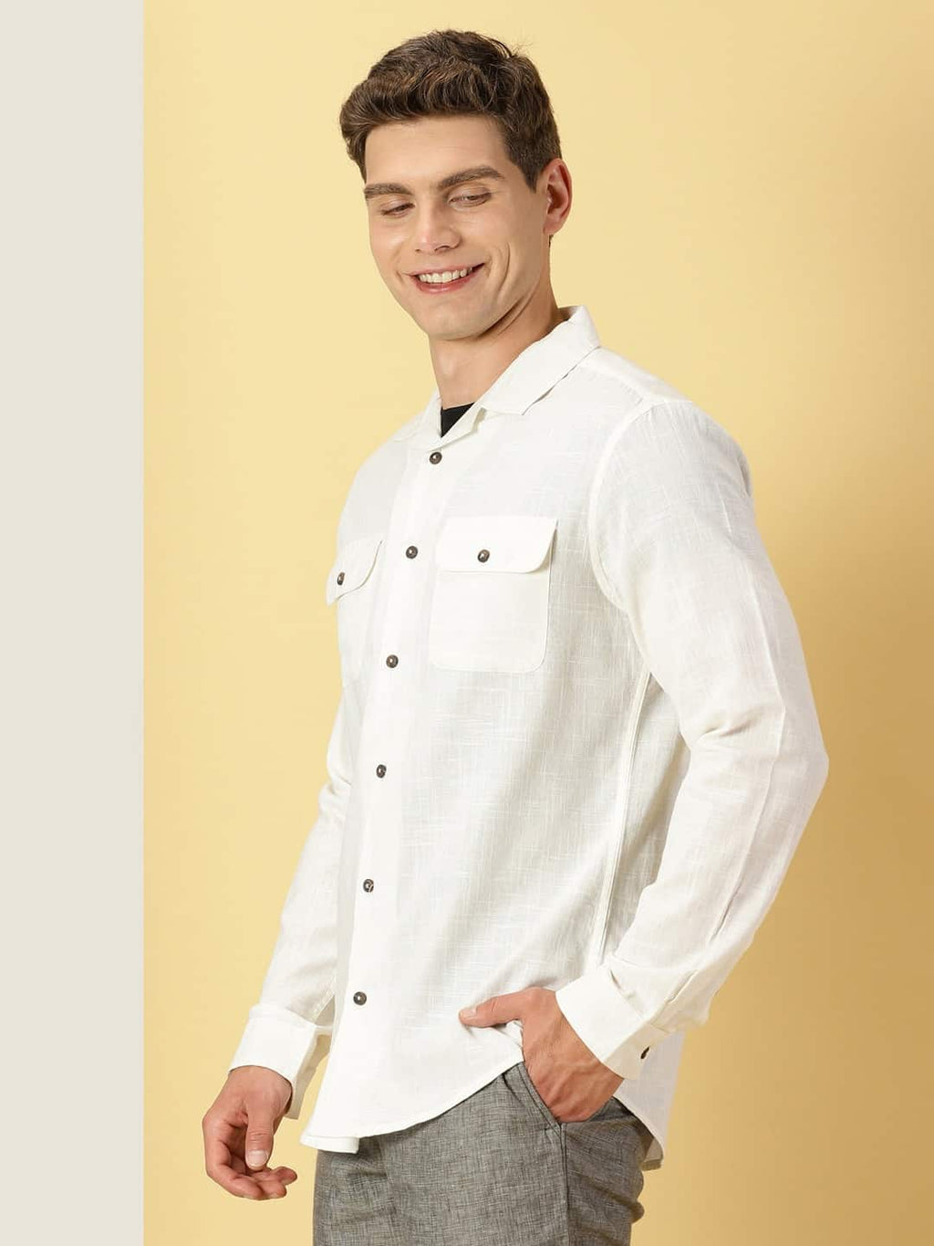 Thomas Scott Men Spread Collar Classic Cotton Linen Shacket