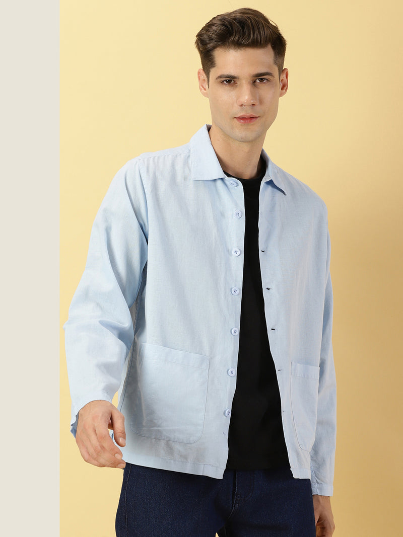 Thomas Scott Men Blue Oversized Fit Long Sleeves Spread Collar Solid Cotton Linen Knitted Casual Shirt