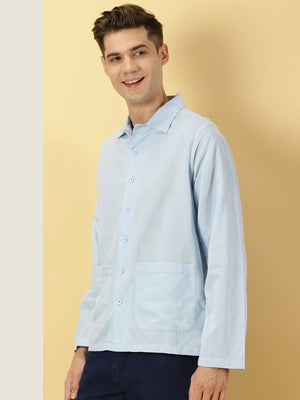 Thomas Scott Men Blue Oversized Fit Long Sleeves Spread Collar Solid Cotton Linen Knitted Casual Shirt