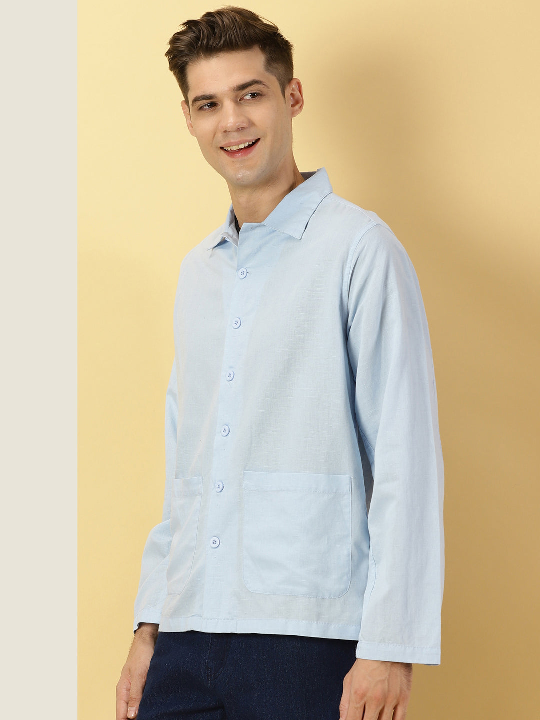Thomas Scott Men Blue Oversized Fit Long Sleeves Spread Collar Solid Cotton Linen Knitted Casual Shirt