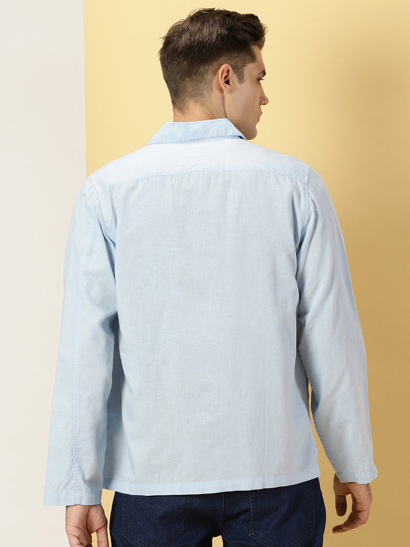 Thomas Scott Men Blue Oversized Fit Long Sleeves Spread Collar Solid Cotton Linen Knitted Casual Shirt