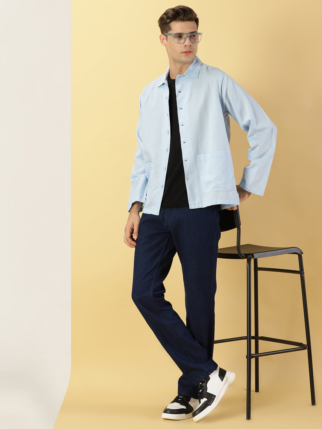 Thomas Scott Men Blue Oversized Fit Long Sleeves Spread Collar Solid Cotton Linen Knitted Casual Shirt