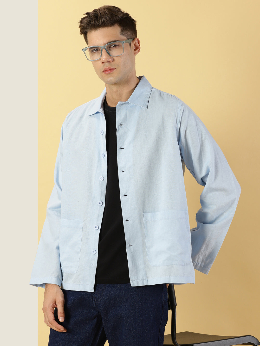 Thomas Scott Men Blue Oversized Fit Long Sleeves Spread Collar Solid Cotton Linen Knitted Casual Shirt