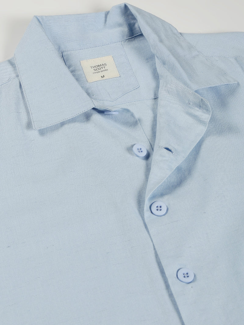 Thomas Scott Men Blue Oversized Fit Long Sleeves Spread Collar Solid Cotton Linen Knitted Casual Shirt