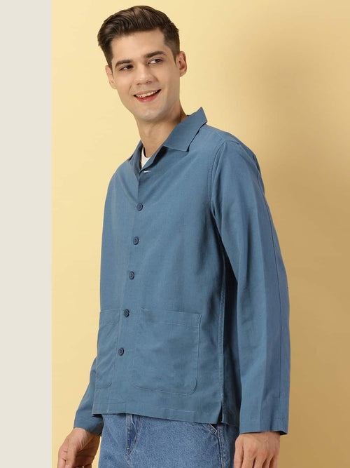 Thomas Scott Men Modern Oversized Fit Box Pocket Casual Cotton Linen Shirt