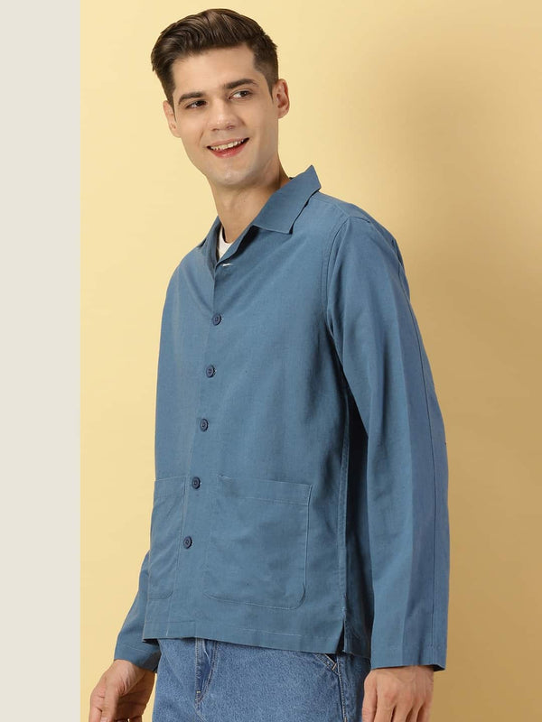 Teal Modern Oversized Fit Box Pocket Casual Cotton Linen Shirt For Men