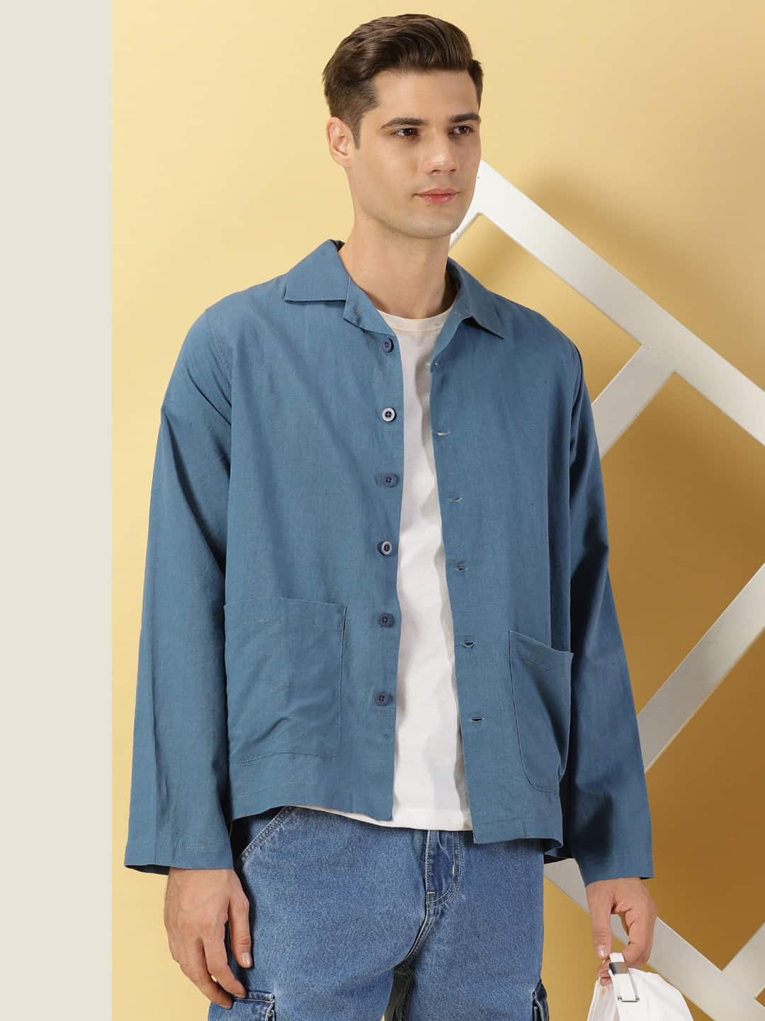 Thomas Scott Men Modern Oversized Fit Box Pocket Casual Cotton Linen Shirt