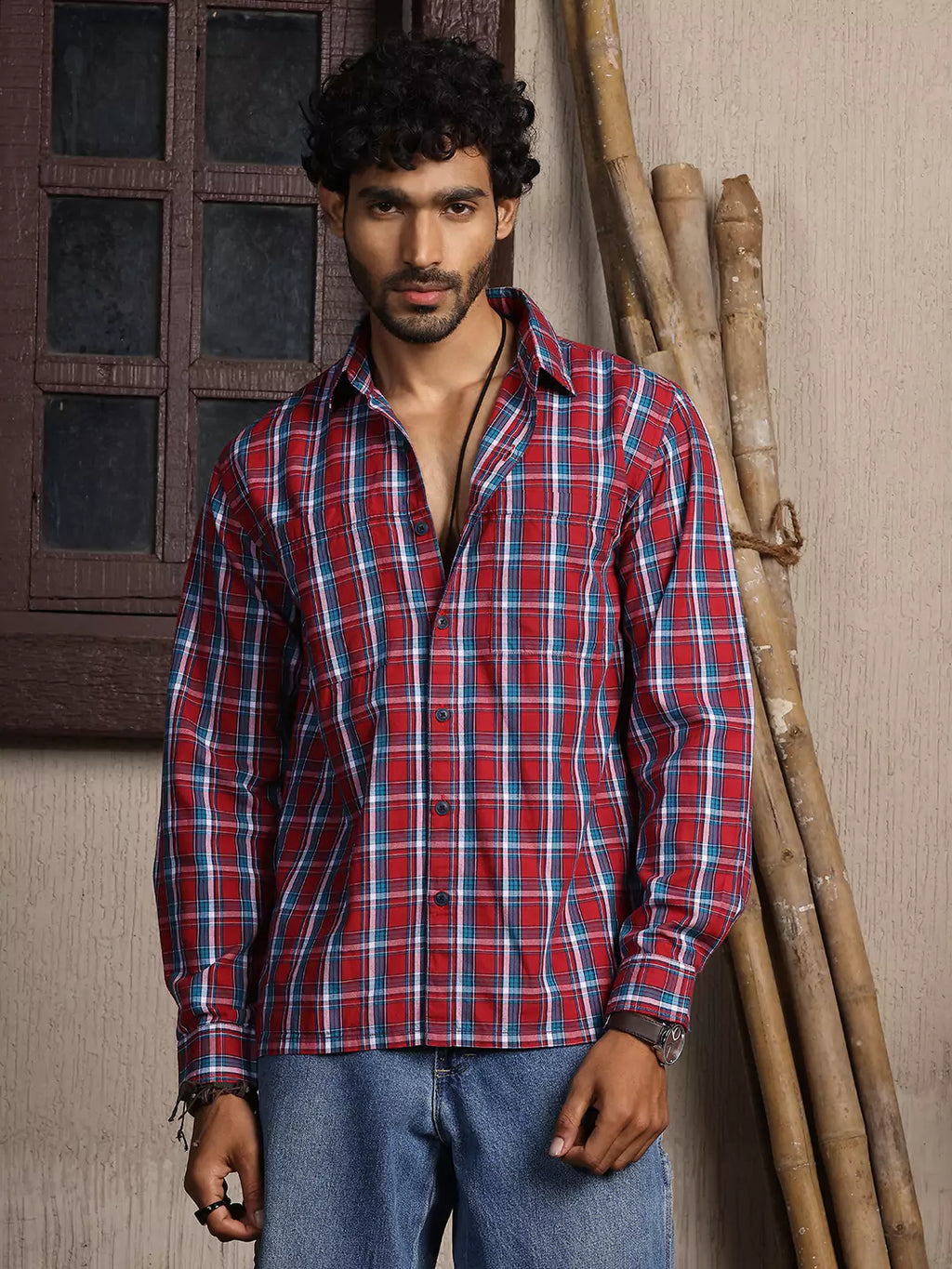 Thomas Scott Men Premium Spread Collar Tartan Checks Opaque Checked Casual Cotton Shirt