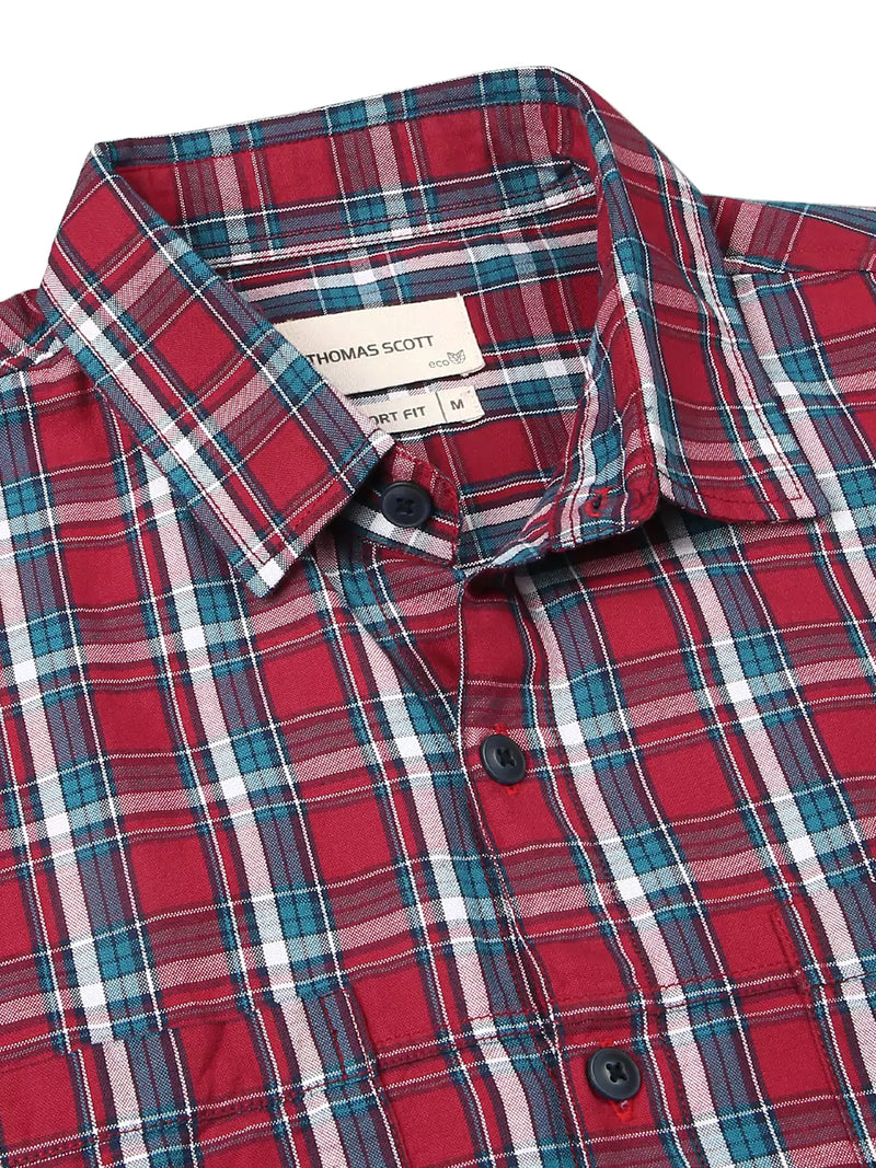 Thomas Scott Men Premium Spread Collar Tartan Checks Opaque Checked Casual Cotton Shirt