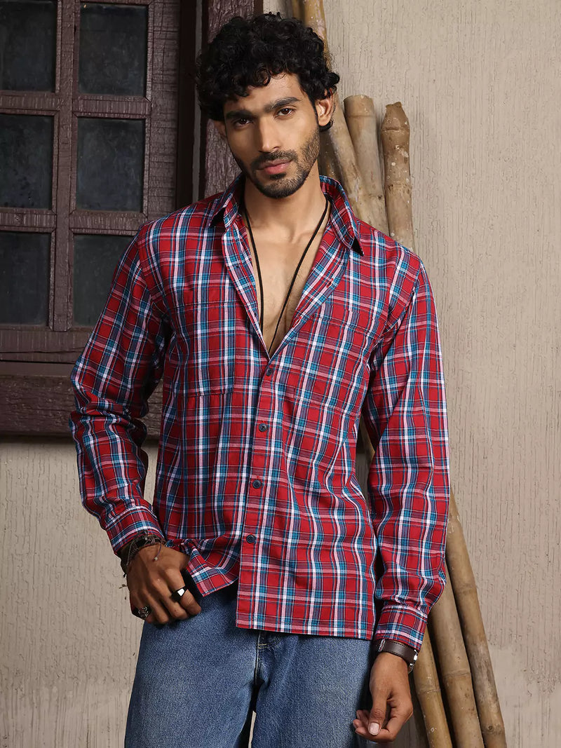 Thomas Scott Men Premium Spread Collar Tartan Checks Opaque Checked Casual Cotton Shirt