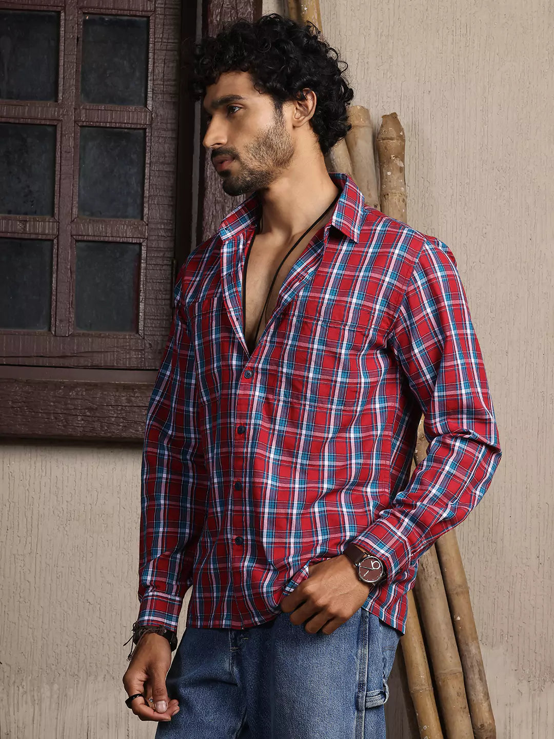 Thomas Scott Men Premium Spread Collar Tartan Checks Opaque Checked Casual Cotton Shirt