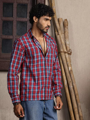 Thomas Scott Men Premium Spread Collar Tartan Checks Opaque Checked Casual Cotton Shirt