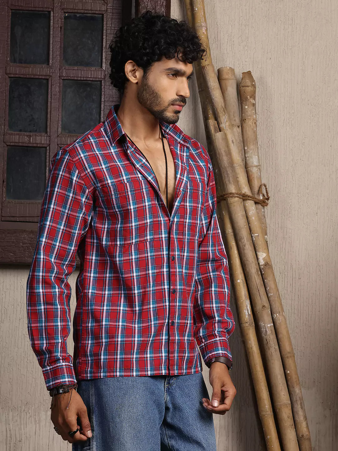 Thomas Scott Men Premium Spread Collar Tartan Checks Opaque Checked Casual Cotton Shirt
