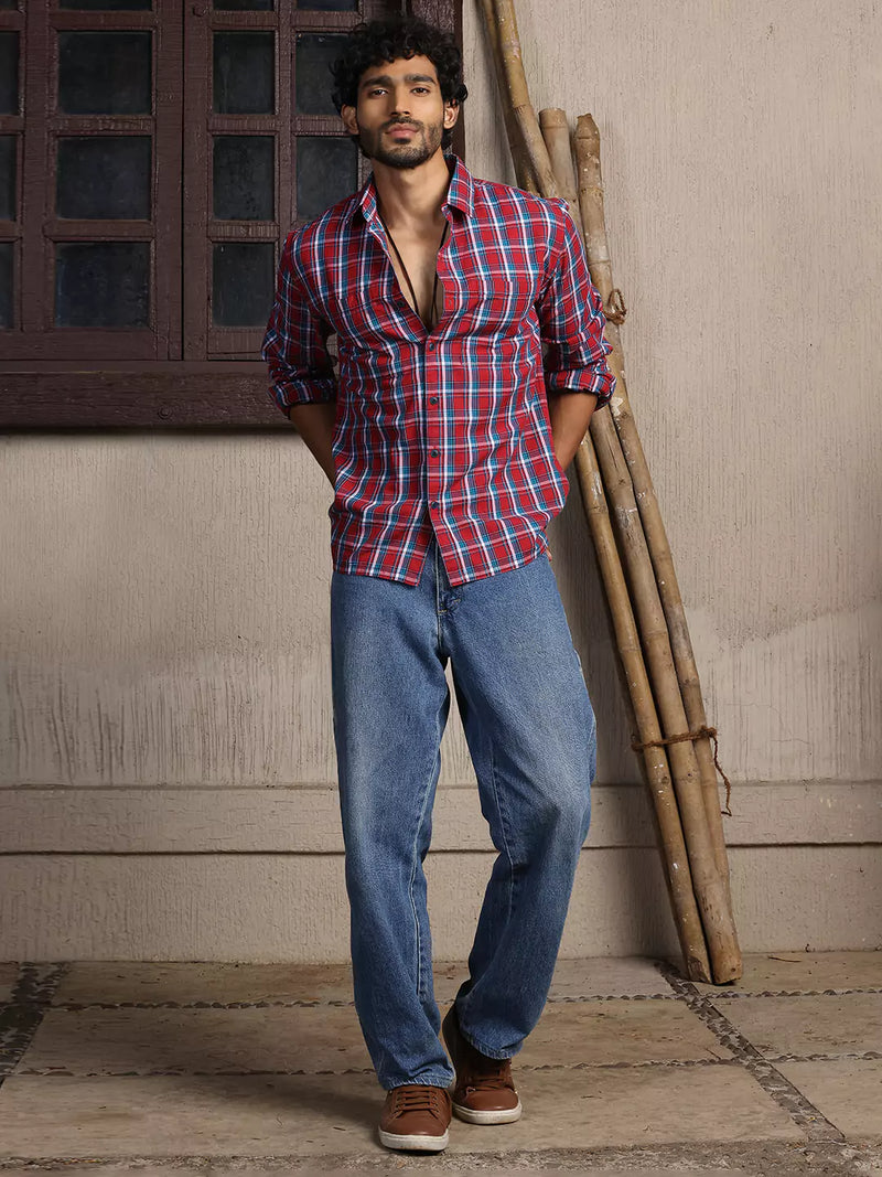 Thomas Scott Men Premium Spread Collar Tartan Checks Opaque Checked Casual Cotton Shirt