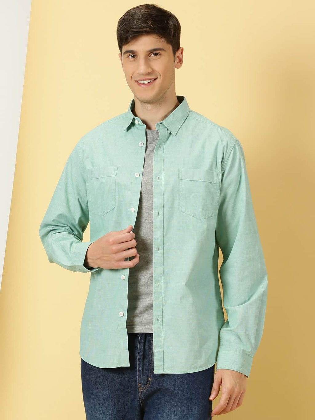 Thomas Scott Men Classic Spread Collar Chambray Pure Cotton Casual Shirt