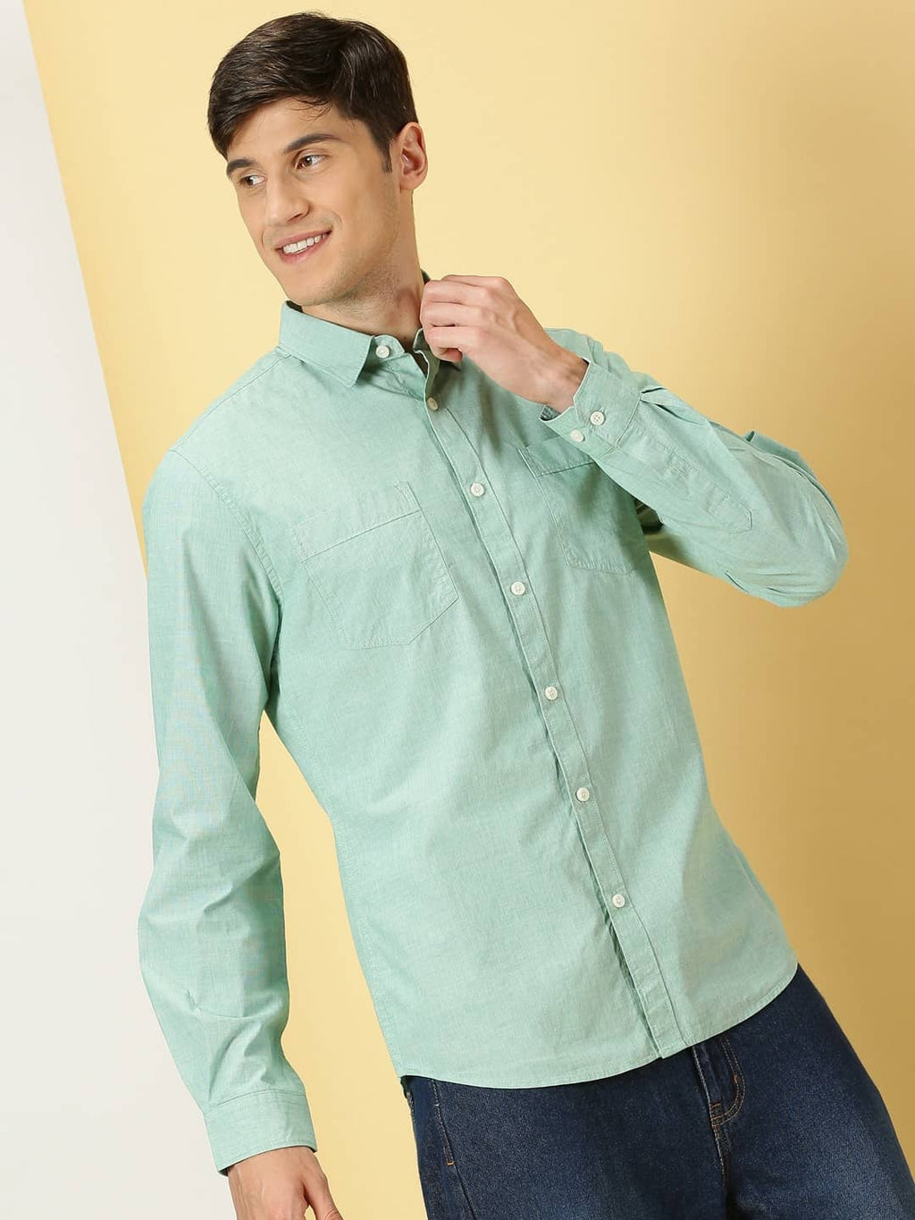 Thomas Scott Men Classic Spread Collar Chambray Pure Cotton Casual Shirt