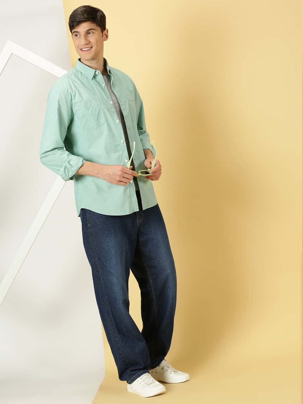 Thomas Scott Men Classic Spread Collar Chambray Pure Cotton Casual Shirt