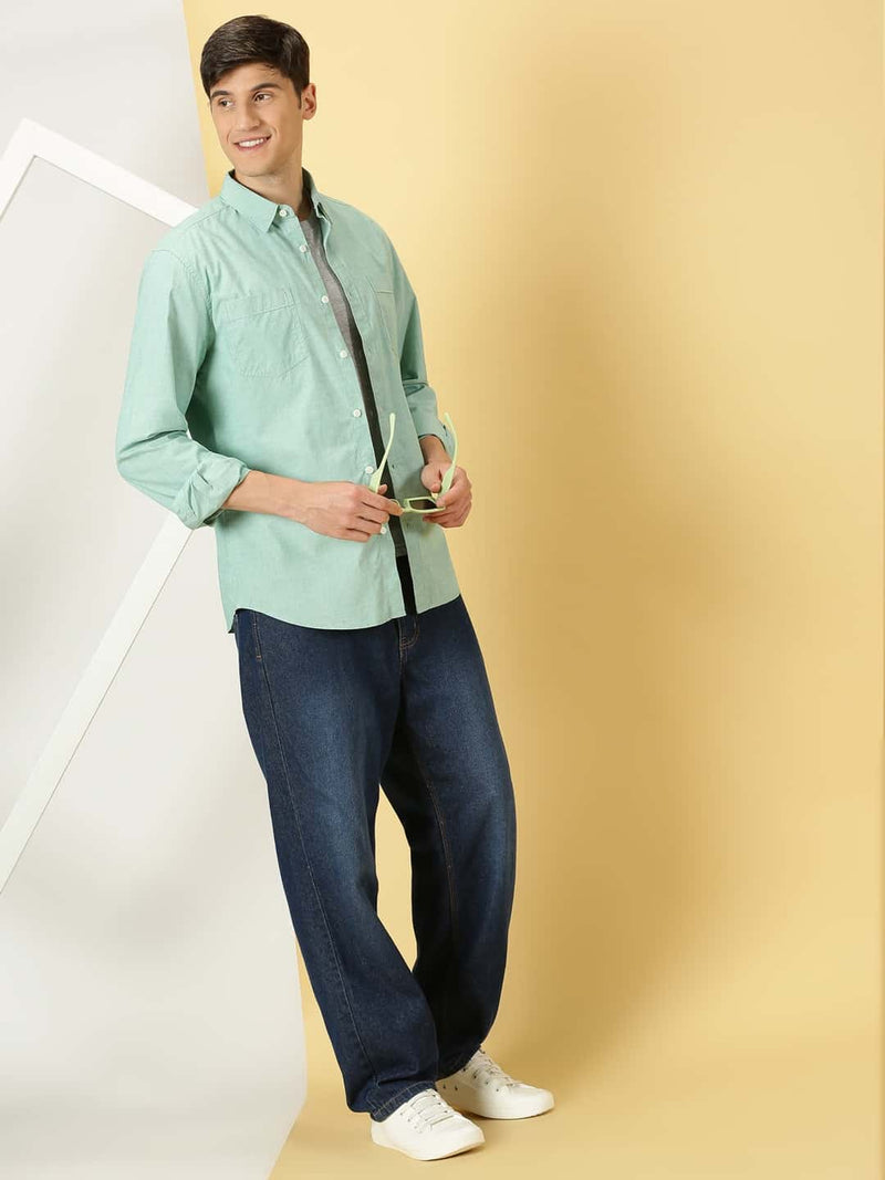 Thomas Scott Men Classic Spread Collar Chambray Pure Cotton Casual Shirt