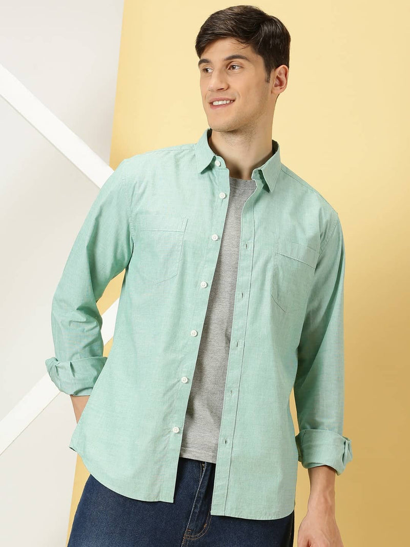 Thomas Scott Men Classic Spread Collar Chambray Pure Cotton Casual Shirt