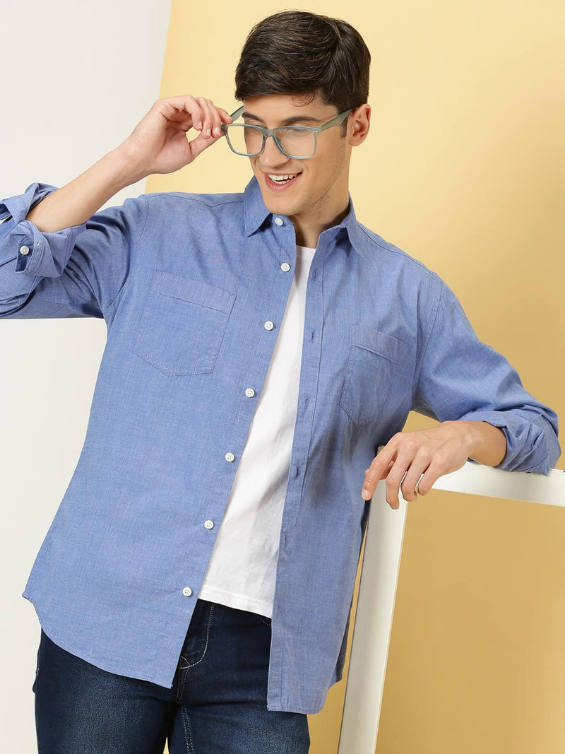 Thomas Scott Men Classic Chambray Spread Collar Cotton Shirt