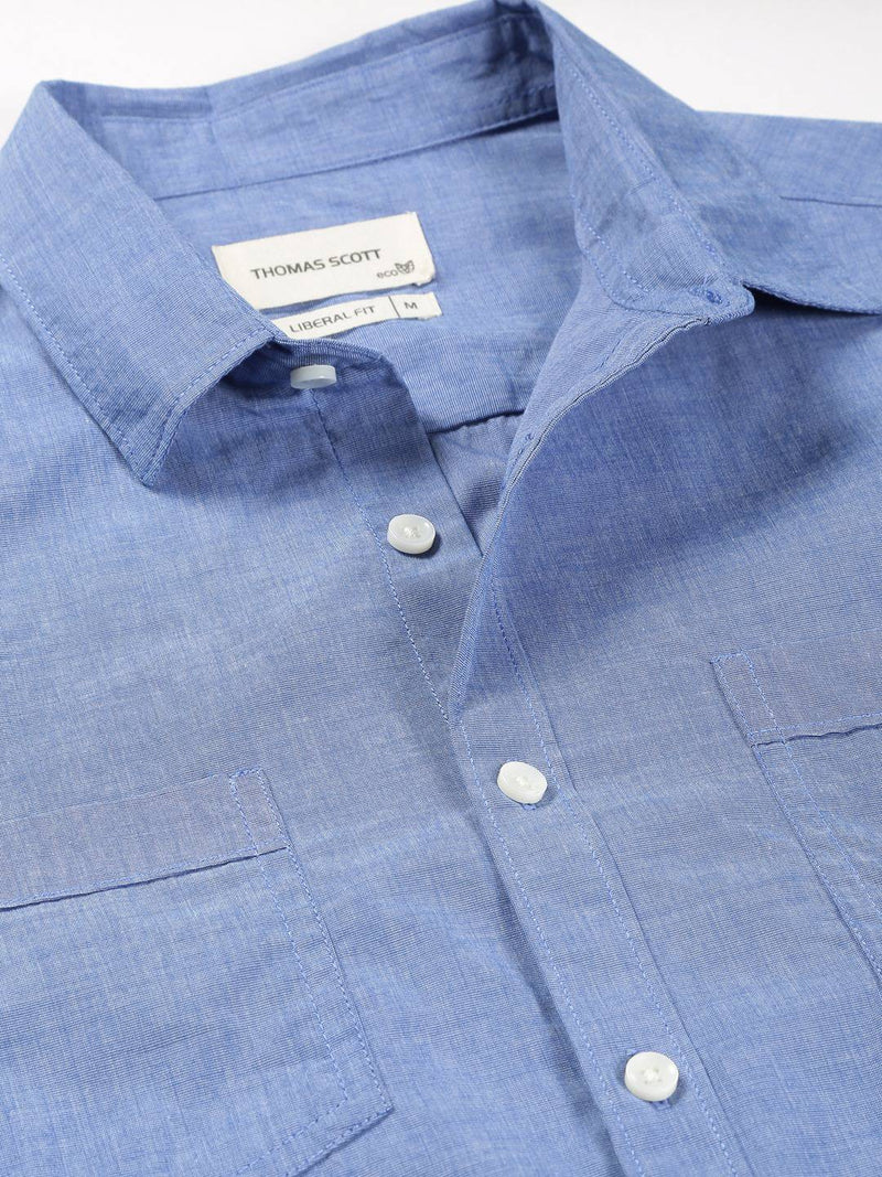 Thomas Scott Men Classic Chambray Spread Collar Cotton Shirt