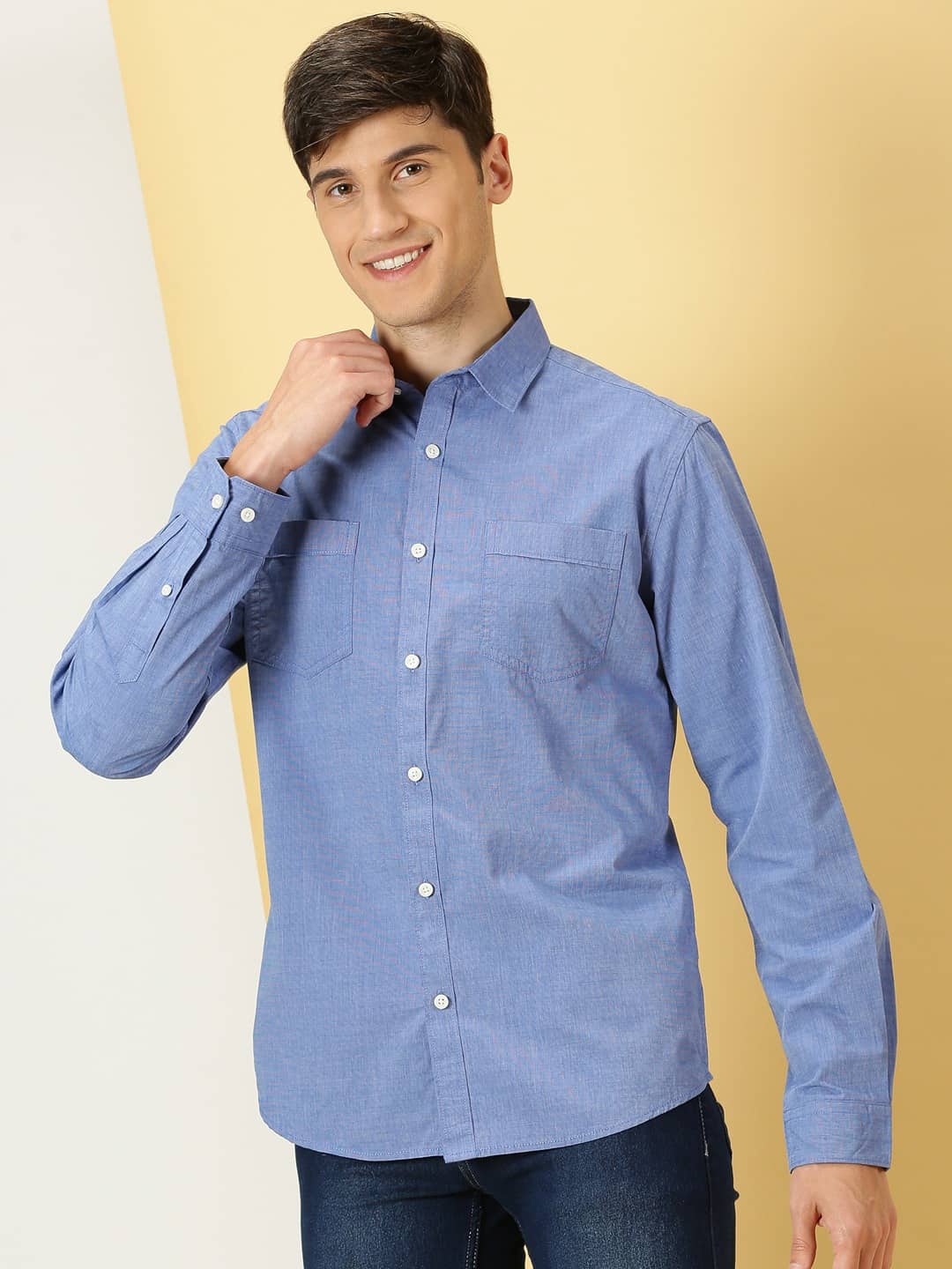 Thomas Scott Men Classic Chambray Spread Collar Cotton Shirt