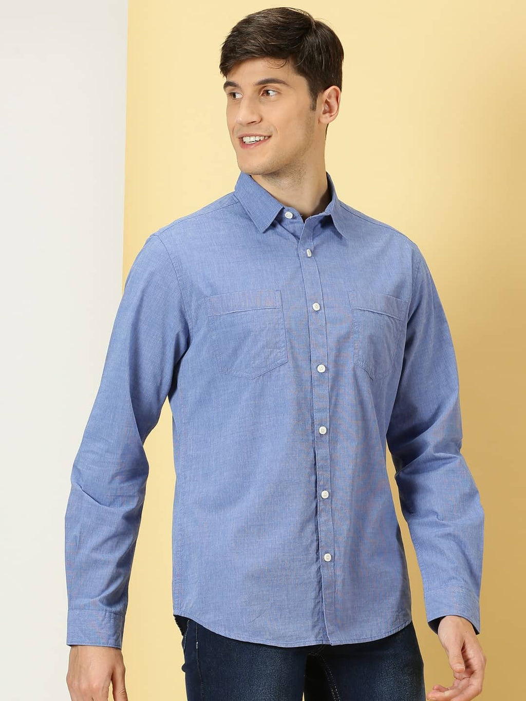 Thomas Scott Men Classic Chambray Spread Collar Cotton Shirt