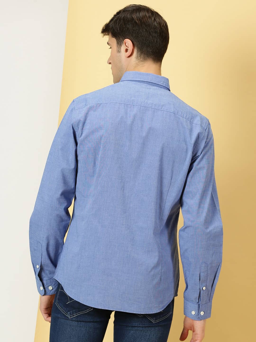 Thomas Scott Men Classic Chambray Spread Collar Cotton Shirt
