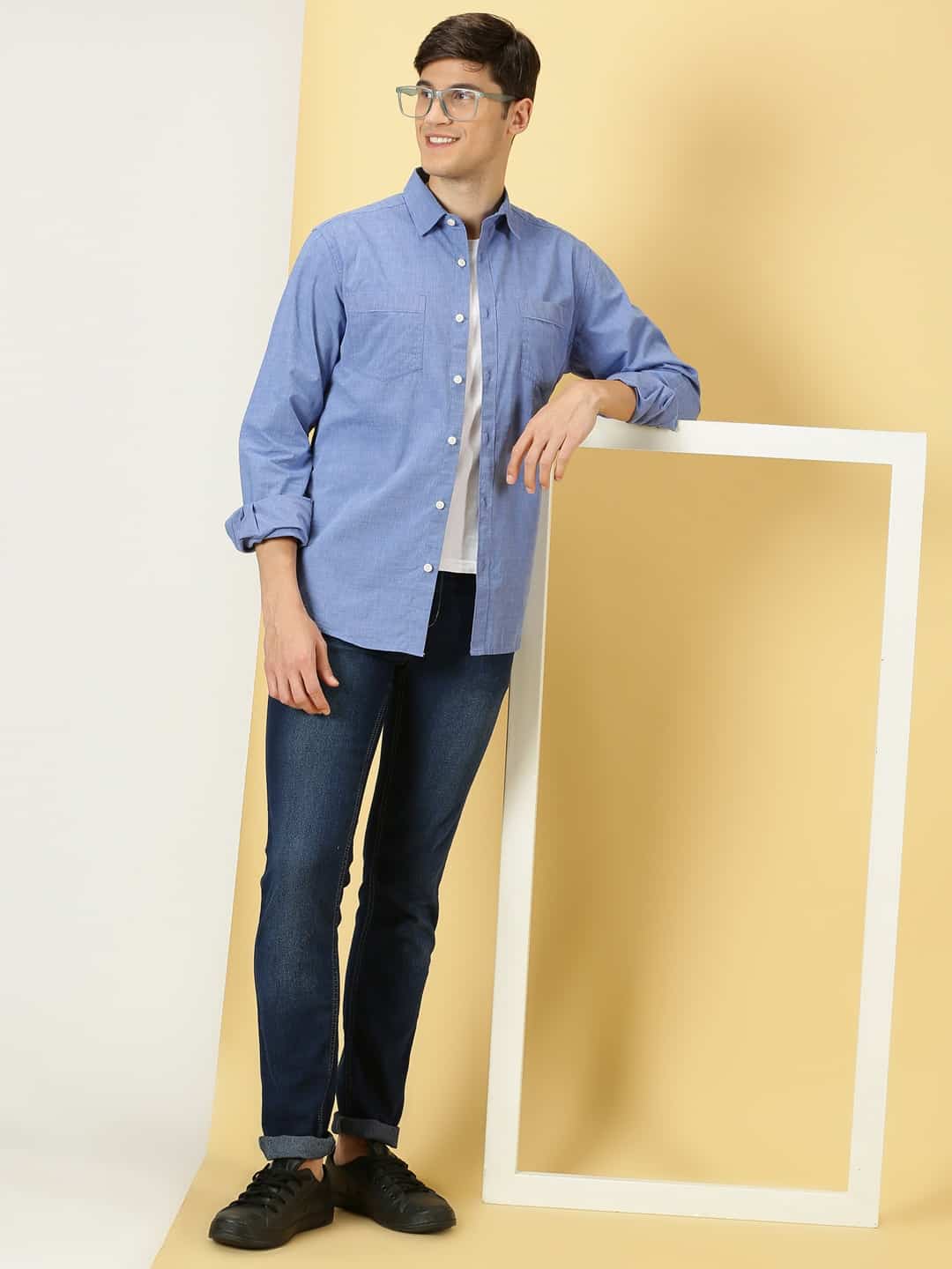 Thomas Scott Men Classic Chambray Spread Collar Cotton Shirt