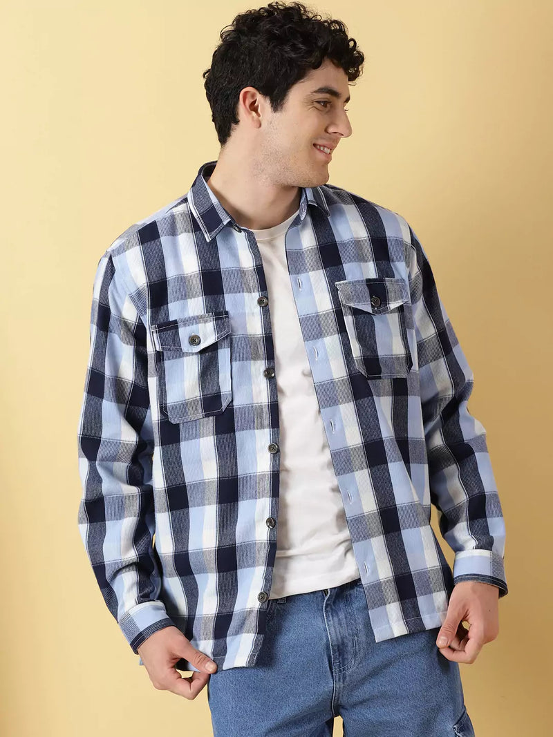 Thomas Scott Men Checked Cotton Premium Corduroy Oversized Shackets