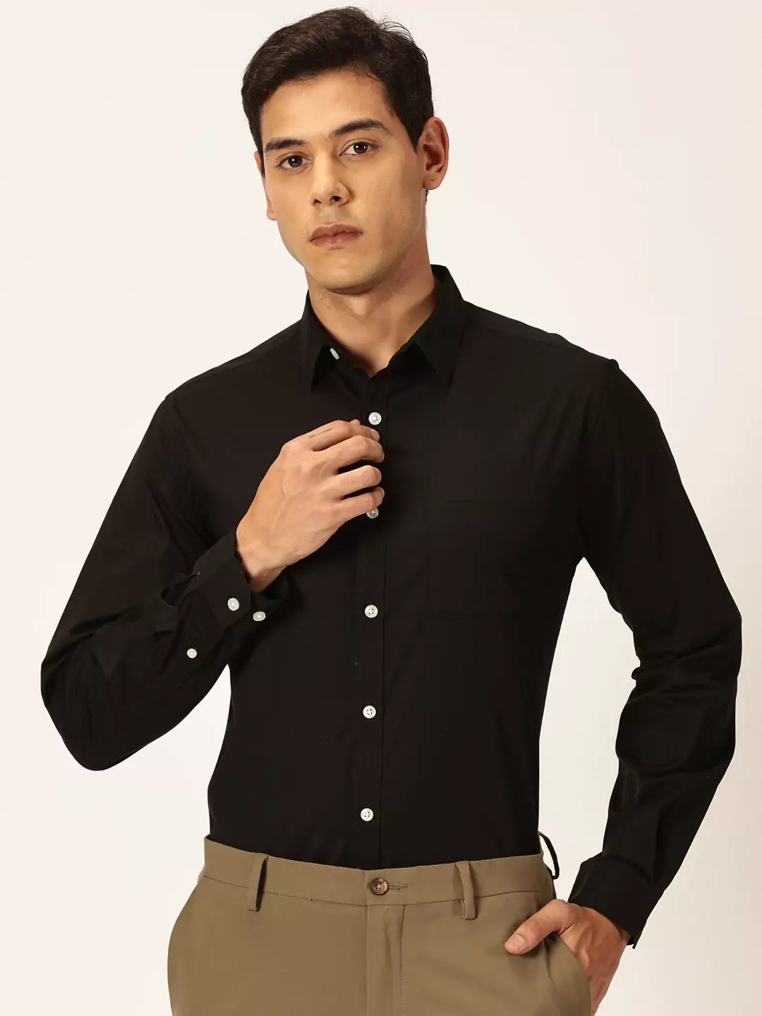Thomas Scott Men Classic Slim Fit Long Sleeves Spread Collar Cotton Opaque Formal Shirt