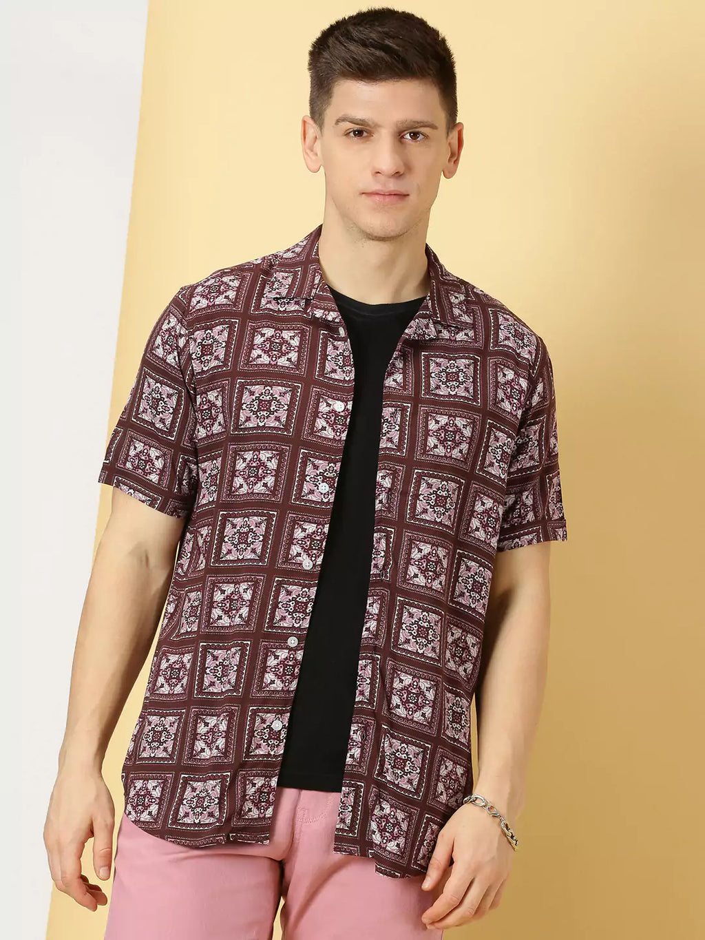 Thomas Scott Men Classic Ethnic Motifs Printed Cuban Collar Casual Shirt