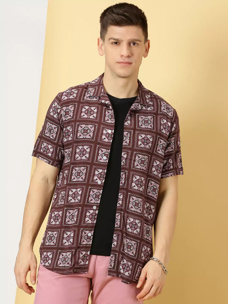 Thomas Scott Men Classic Ethnic Motifs Printed Cuban Collar Casual Shirt