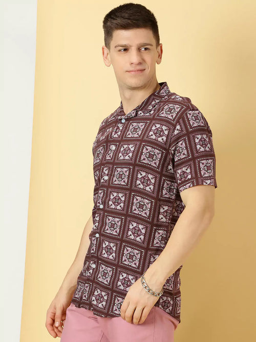 Thomas Scott Men Classic Ethnic Motifs Printed Cuban Collar Casual Shirt
