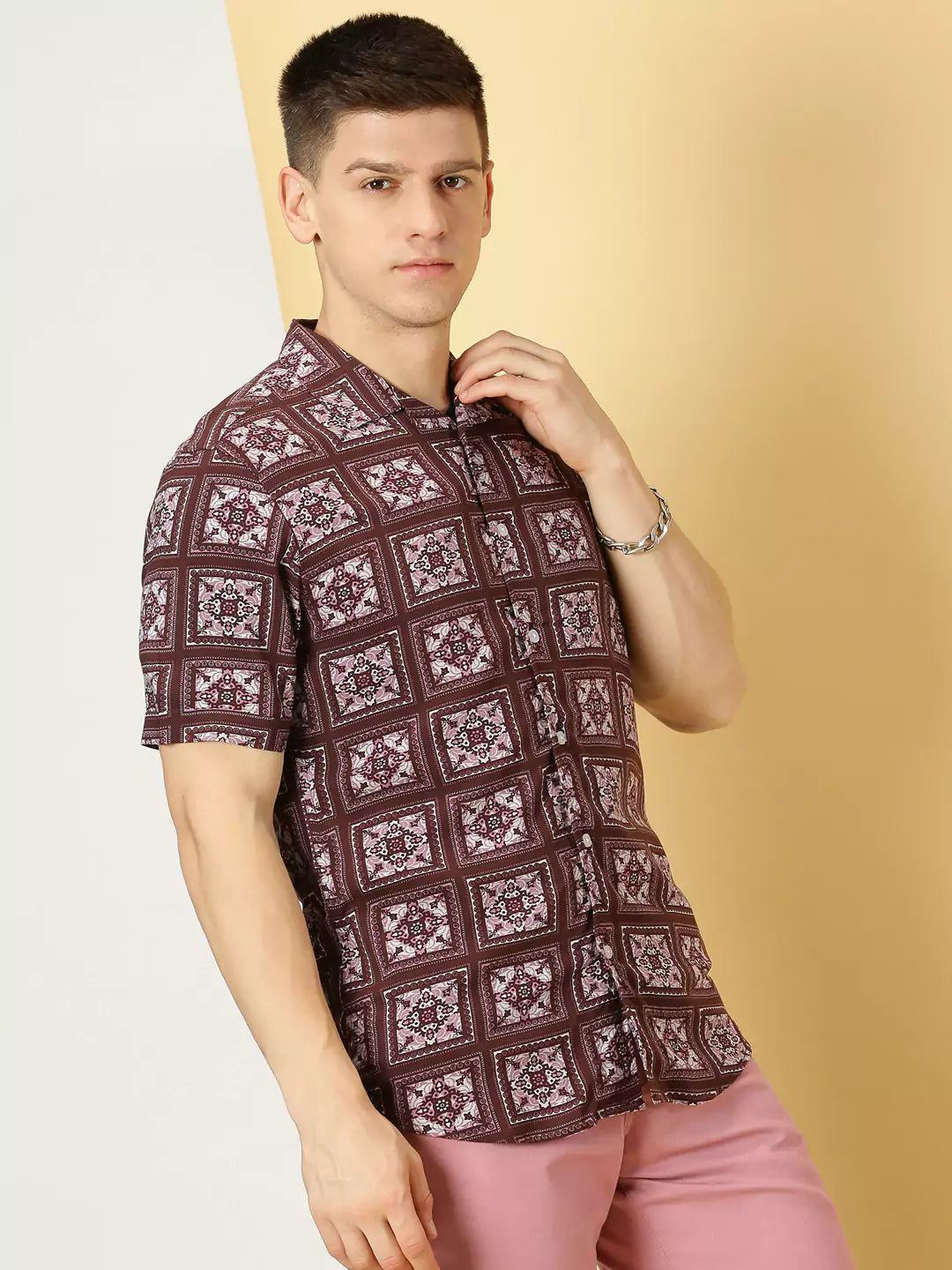 Thomas Scott Men Classic Ethnic Motifs Printed Cuban Collar Casual Shirt
