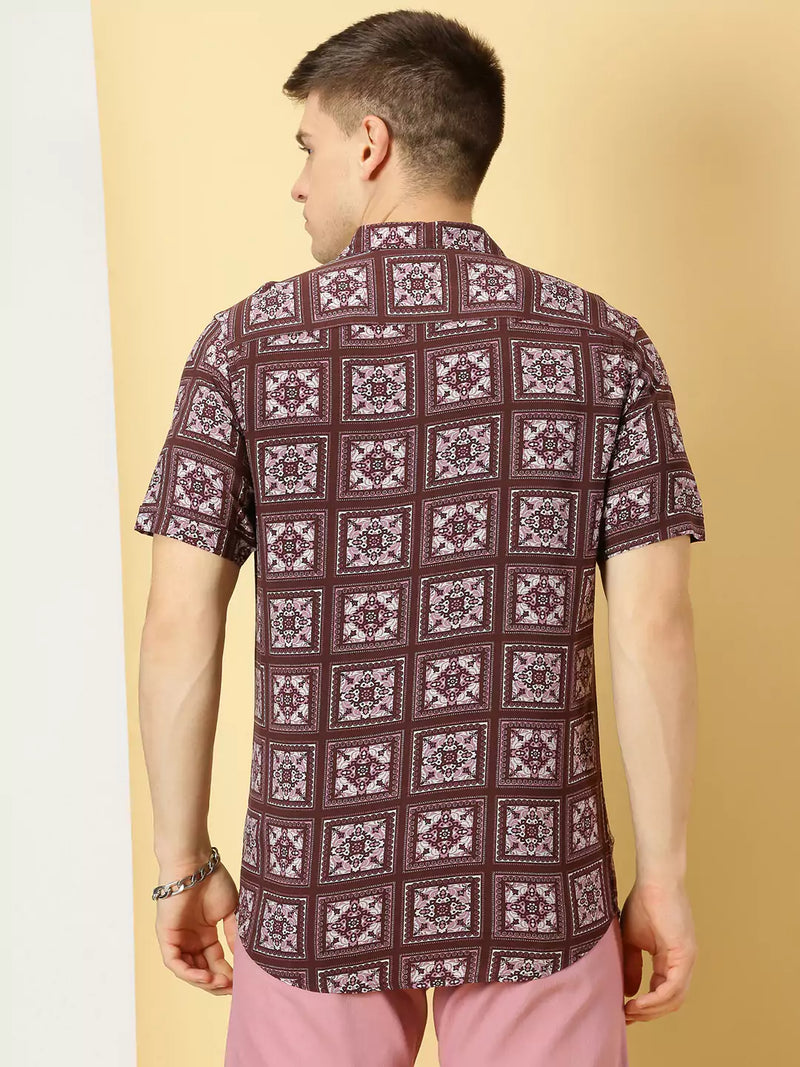 Thomas Scott Men Classic Ethnic Motifs Printed Cuban Collar Casual Shirt