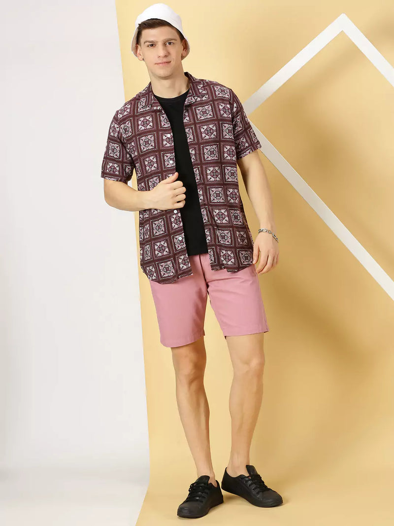 Thomas Scott Men Classic Ethnic Motifs Printed Cuban Collar Casual Shirt