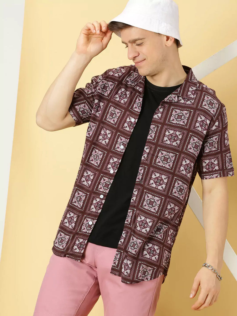 Thomas Scott Men Classic Ethnic Motifs Printed Cuban Collar Casual Shirt