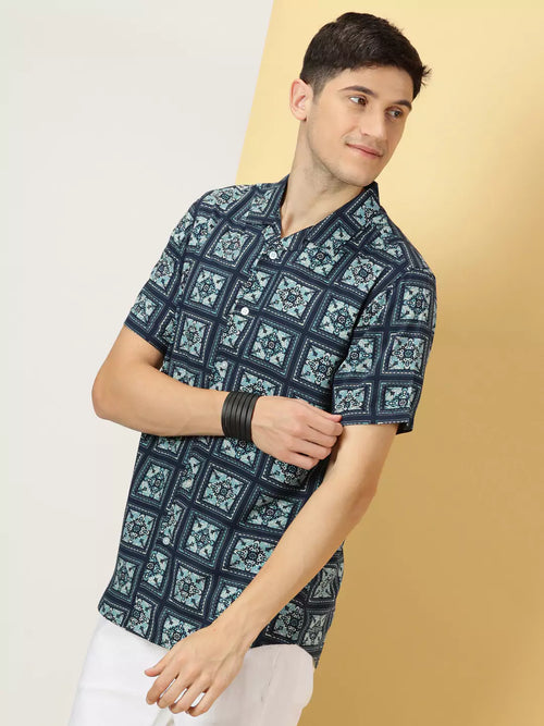 Thomas Scott Men Classic Printed Cuban Collar Short Sleeves Casual Shirt
