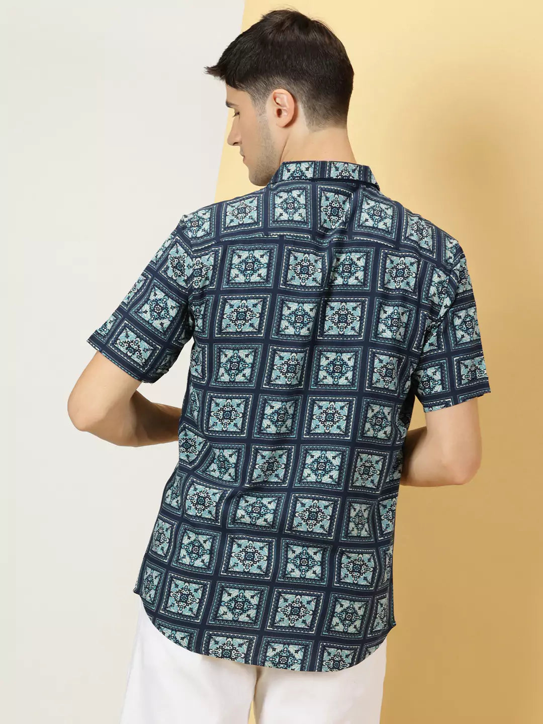 Thomas Scott Men Classic Printed Cuban Collar Short Sleeves Casual Shirt