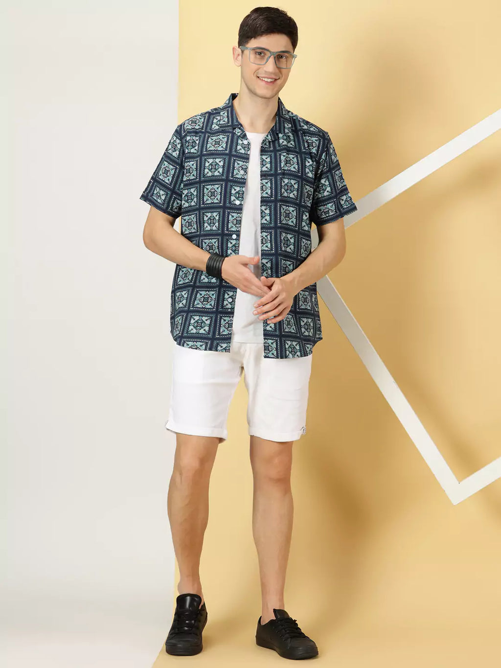 Thomas Scott Men Classic Printed Cuban Collar Short Sleeves Casual Shirt